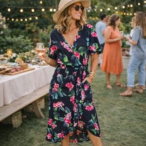 Apricot Floral Wrap Dress